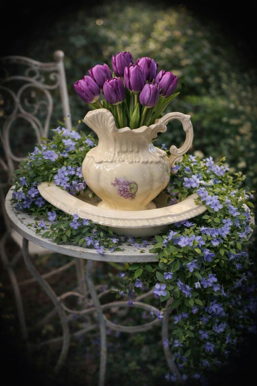 Vintage Arnel’s Pitcher and Basin Set Ivory Purple Floral USA Cottage Decor